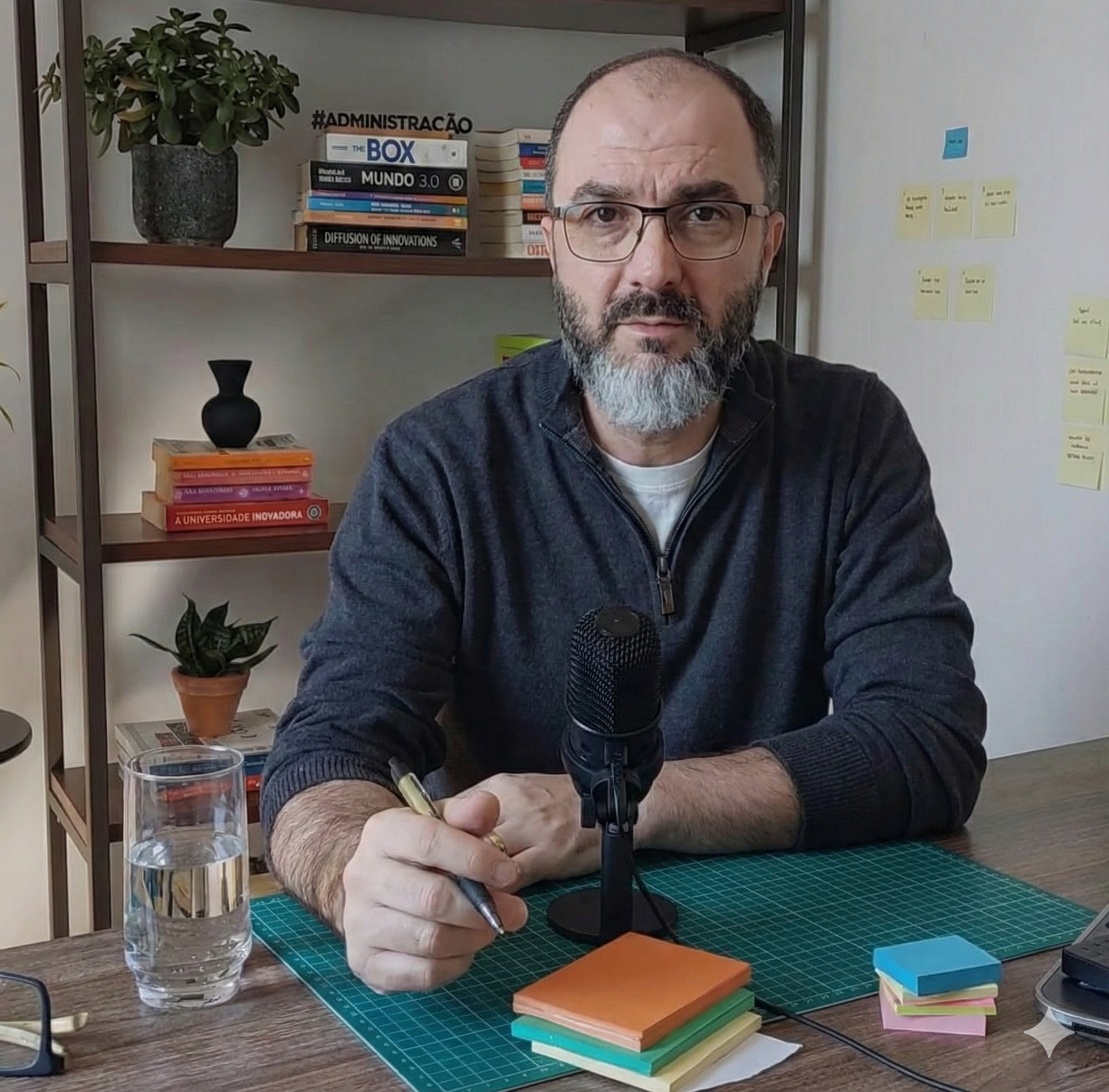 Professor Fabio Arten em escritório, com microfone e anotações, preparando aula e orientações estratégicas.
